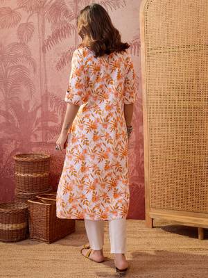 Women orange cotton sequin emroidery work kurta set 3