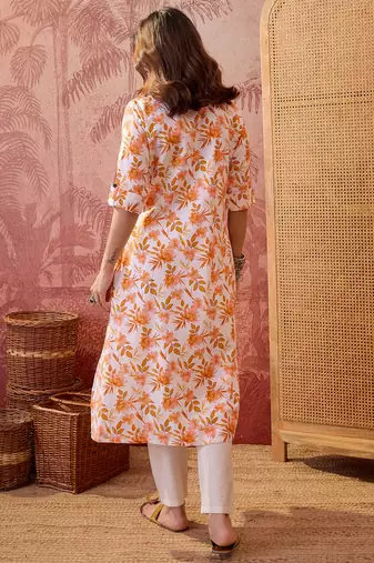 Women orange cotton sequin emroidery work kurta set