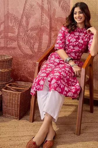 Women pink cotton sequin emroidery work kurta set