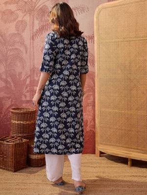 Women navy blue cotton sequin emroidery work kurta set 2