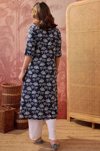 Women navy blue cotton sequin emroidery work kurta set