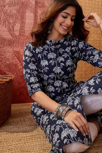 Women navy blue cotton sequin emroidery work kurta set