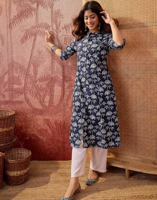 Women navy blue cotton sequin emroidery work kurta set 1