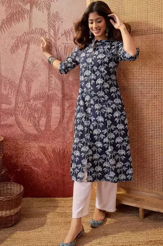 Women navy blue cotton sequin emroidery work kurta set