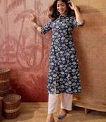 Women navy blue cotton sequin emroidery work kurta set