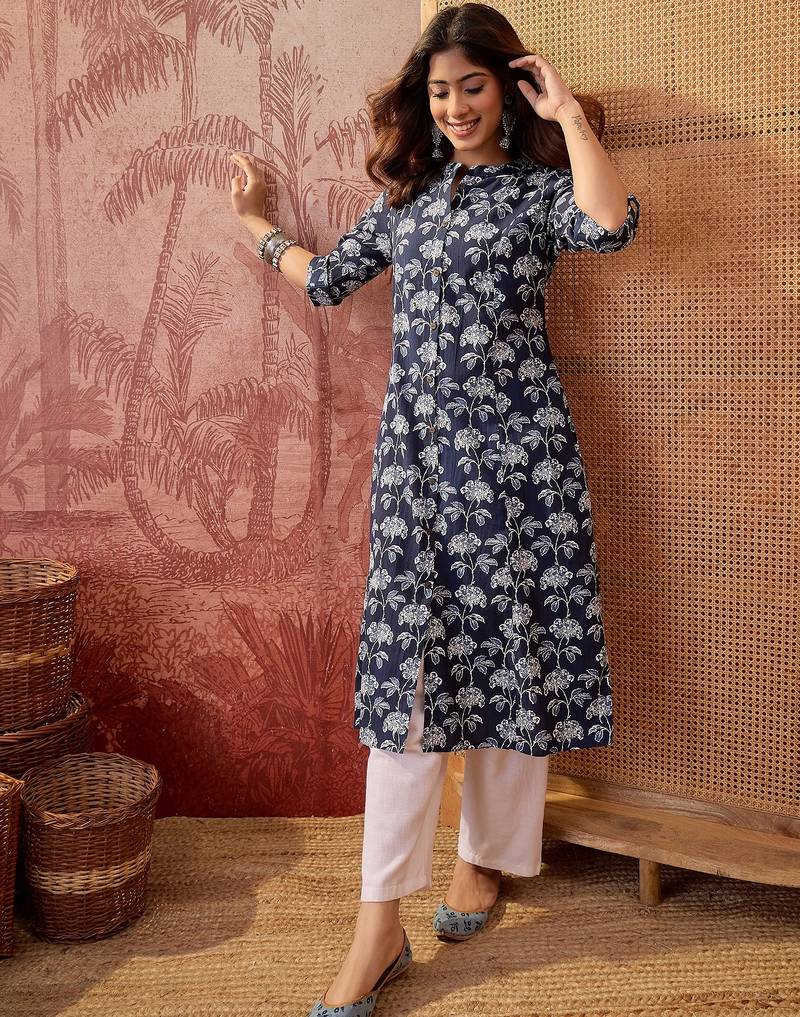 Women navy blue cotton sequin emroidery work kurta set