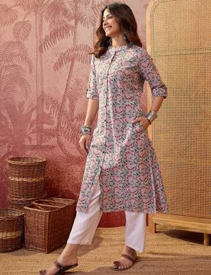 Women grey cotton sequin emroidery work kurta set 1