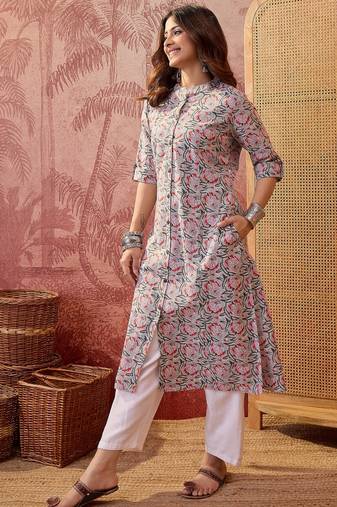 Women grey cotton sequin emroidery work kurta set