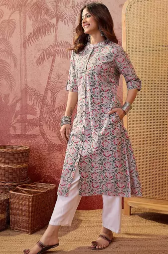 Women grey cotton sequin emroidery work kurta set