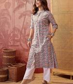 Women grey cotton sequin emroidery work kurta set