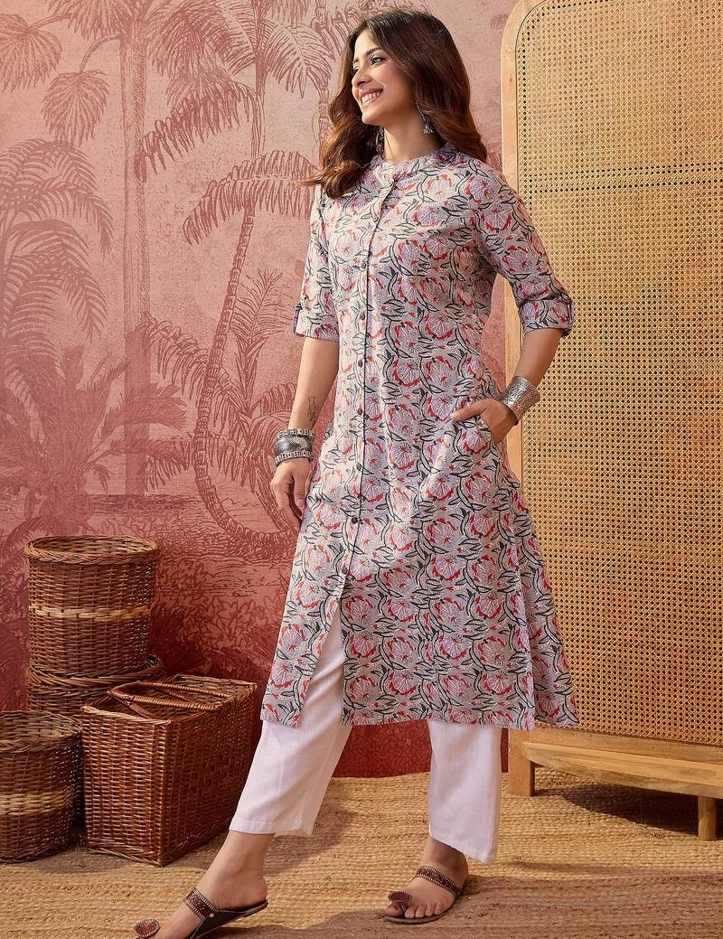 Women grey cotton sequin emroidery work kurta set