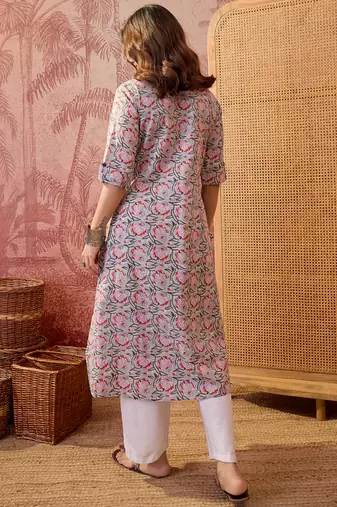 Women grey cotton sequin emroidery work kurta set