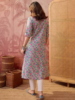 Women sea green cotton sequin emroidery work kurta set 2