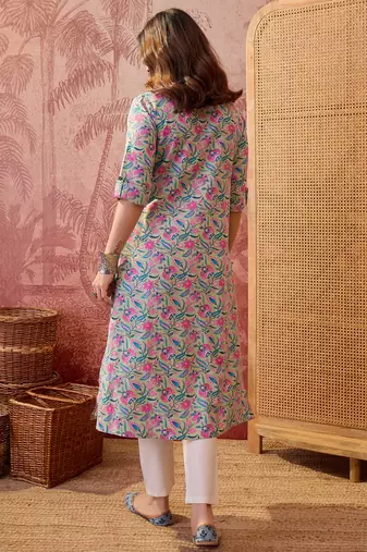 Women sea green cotton sequin emroidery work kurta set