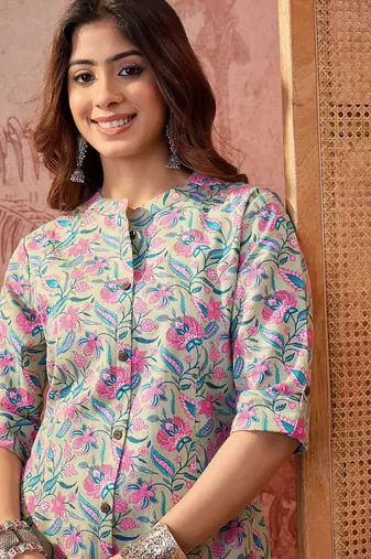 Women sea green cotton sequin emroidery work kurta set