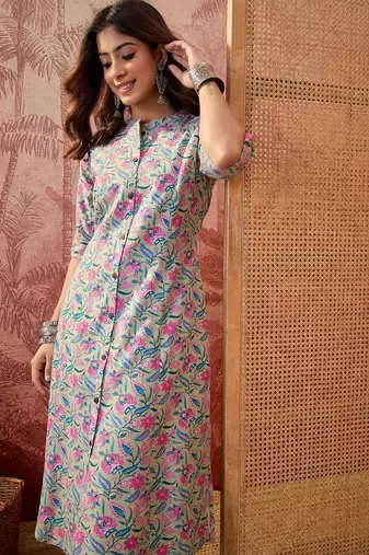 Women sea green cotton sequin emroidery work kurta set