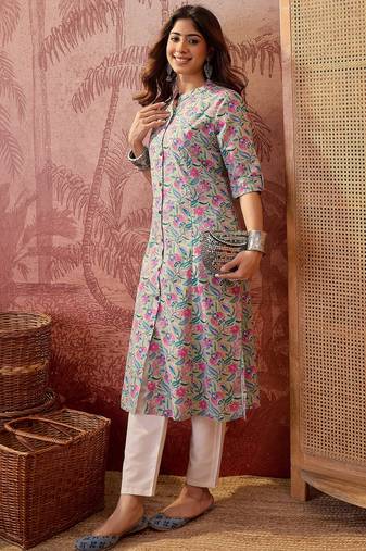Women sea green cotton sequin emroidery work kurta set