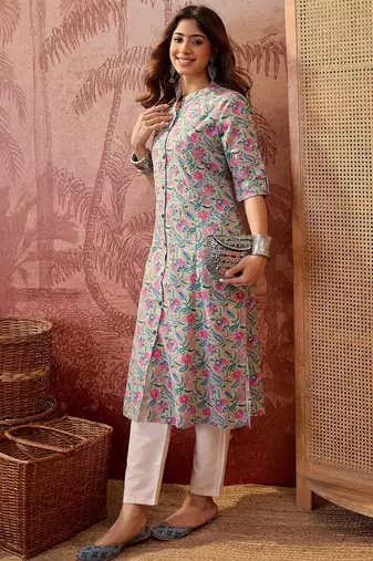 Women sea green cotton sequin emroidery work kurta set