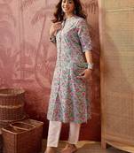 Women sea green cotton sequin emroidery work kurta set