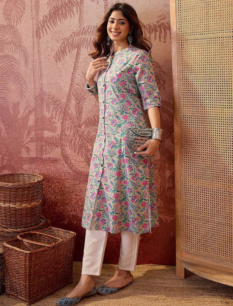Women sea green cotton sequin emroidery work kurta set