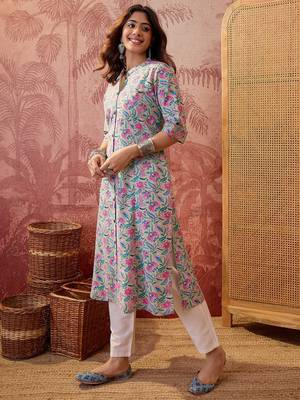Women sea green cotton sequin emroidery work kurta set 5