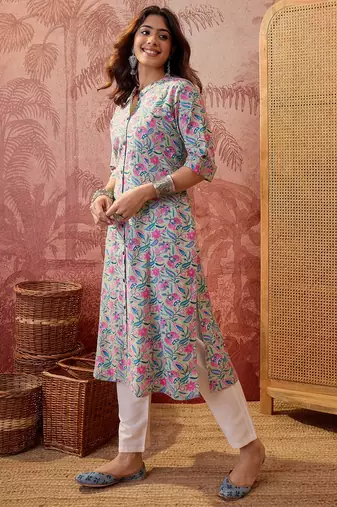 Women sea green cotton sequin emroidery work kurta set