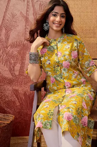 Women yellow cotton sequin emroidery work kurta set