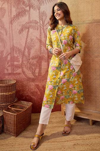 Women yellow cotton sequin emroidery work kurta set