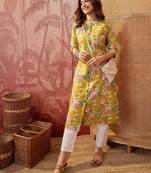 Women yellow cotton sequin emroidery work kurta set