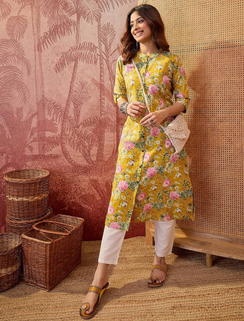 Women yellow cotton sequin emroidery work kurta set