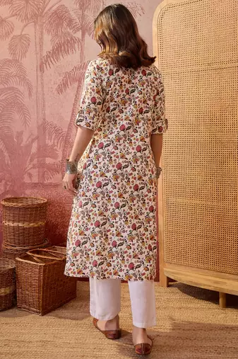 Women cream cotton sequin emroidery work kurta set