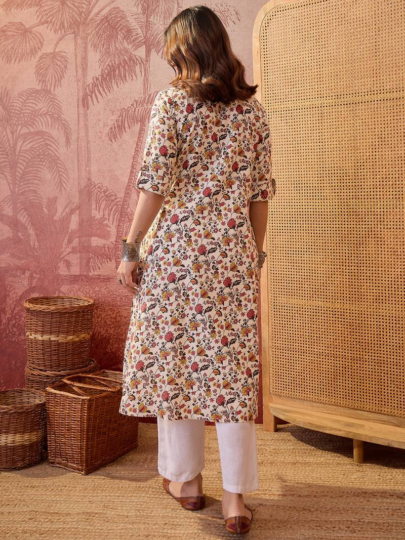 Women cream cotton sequin emroidery work kurta set