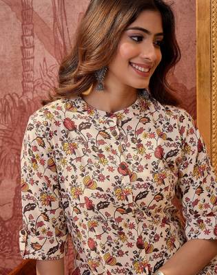 Women cream cotton sequin emroidery work kurta set 2