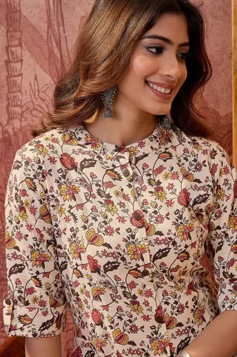 Women cream cotton sequin emroidery work kurta set