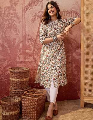 Women cream cotton sequin emroidery work kurta set 4