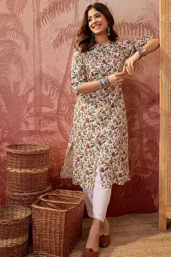 Women cream cotton sequin emroidery work kurta set