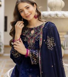 Women blue velvet sequin emroidery work kurta set