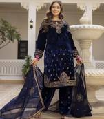 Women blue velvet sequin emroidery work kurta set