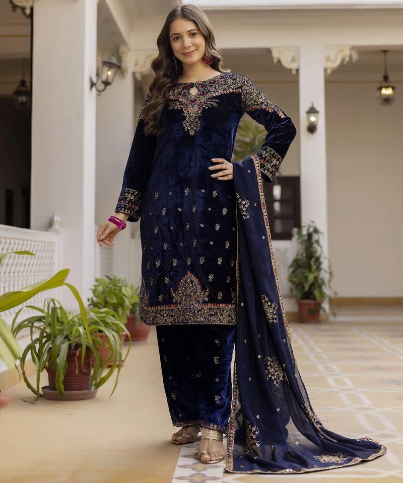 Women blue velvet sequin emroidery work kurta set
