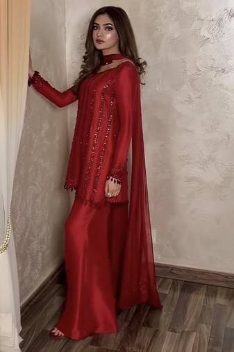 Women red silk sequin emroidery work kurta set