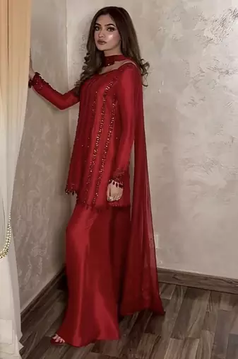 Women red silk sequin emroidery work kurta set