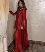 Women red silk sequin emroidery work kurta set