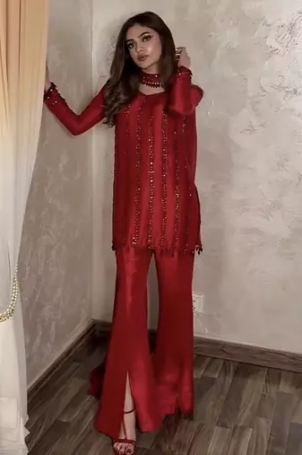 Women red silk sequin emroidery work kurta set