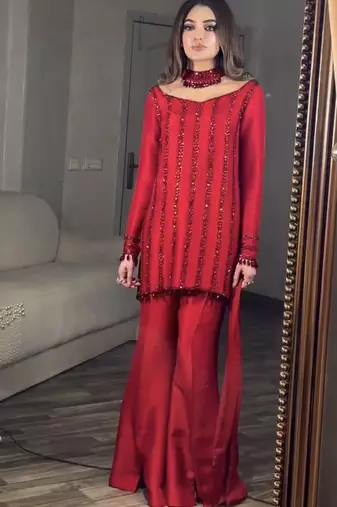 Women red silk sequin emroidery work kurta set