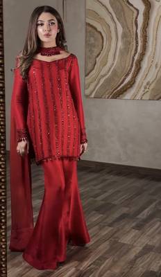 Women red silk blend sequin emroidery work kurta set 4