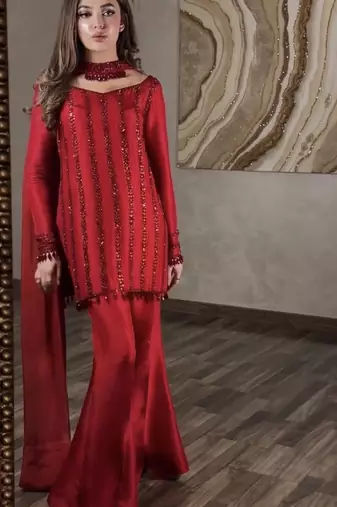 Women red silk sequin emroidery work kurta set