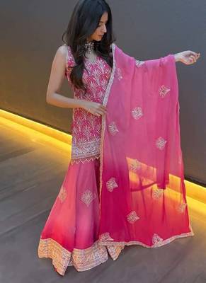 Women pink gorgette sequin emroidery work kurta set 3