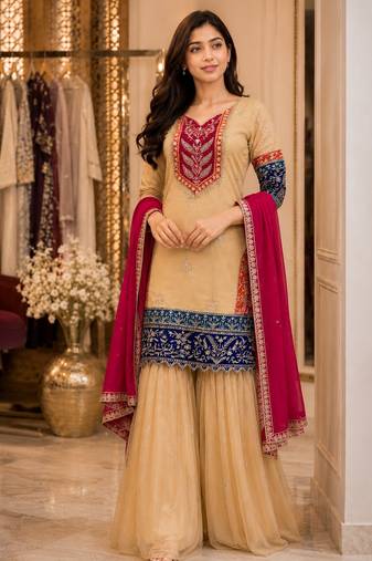 Women beige silk sequin emroidery work kurta set