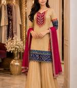 Women beige silk sequin emroidery work kurta set