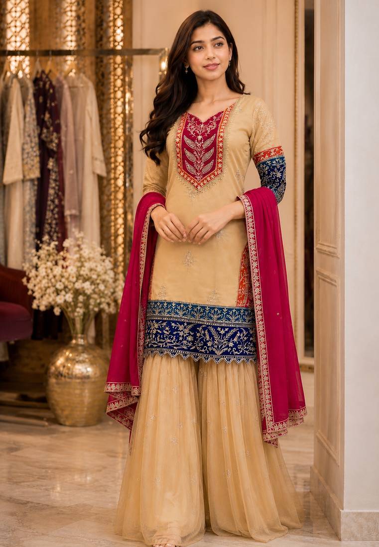 Women beige silk sequin emroidery work kurta set